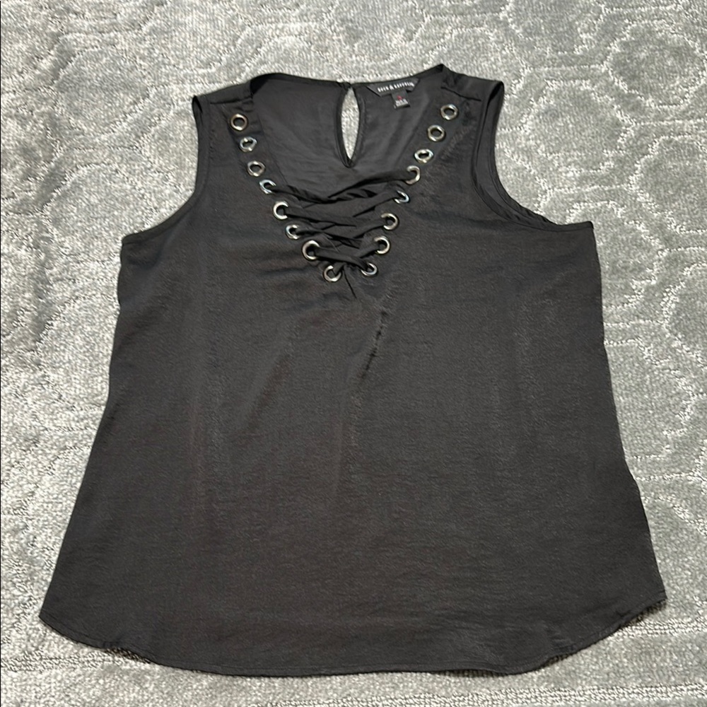 Rock & Republic Black Embellished Lace-Up Sleeveless Blouse